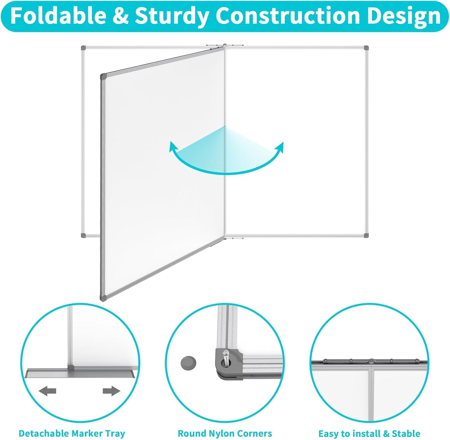 image:imageJILoffice Large Foldable White Board 60x40 Inches Dry Erase Magnetic White Board Silver Aluminum Frame with 2 Detachable Marker Tray Wall Mounted Board for Office Home and SchoolSilver