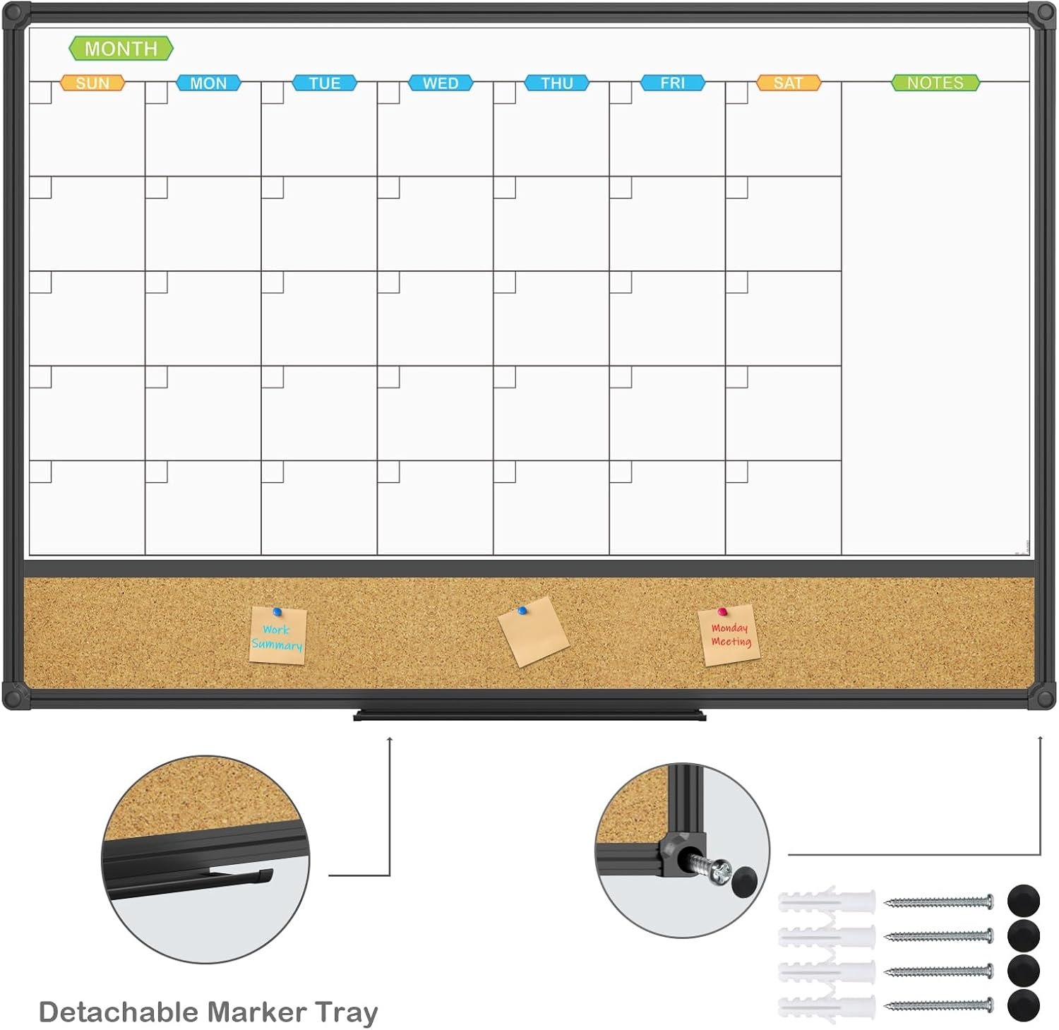 image:imageJILoffice Magnetic Calendar Whiteboard amp Bulletin Corkboard Combination Combo Board 36 x 24 Inch Black Aluminum Frame Wall Mounted Board for Office Home and School with 10 Push Pins