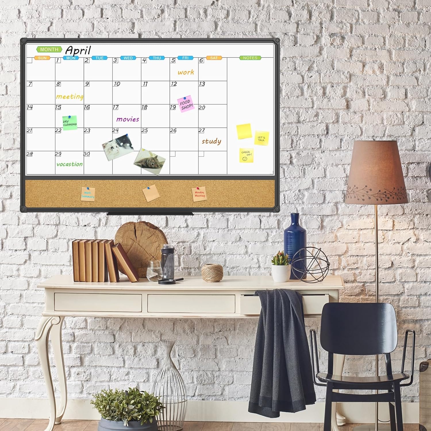 image:imageJILoffice Magnetic Calendar Whiteboard amp Bulletin Corkboard Combination Combo Board 36 x 24 Inch Black Aluminum Frame Wall Mounted Board for Office Home and School with 10 Push Pins