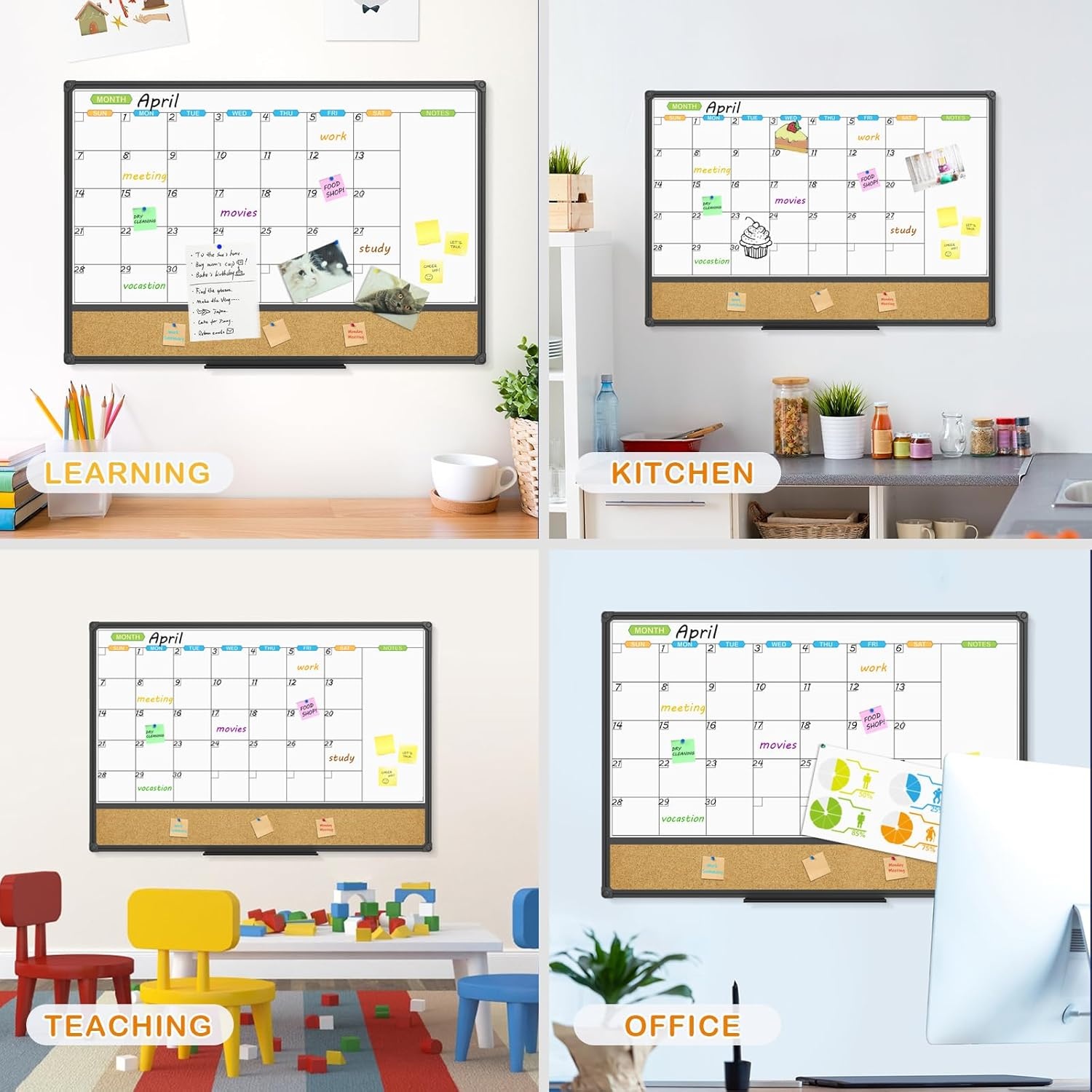 image:imageJILoffice Magnetic Calendar Whiteboard amp Bulletin Corkboard Combination Combo Board 36 x 24 Inch Black Aluminum Frame Wall Mounted Board for Office Home and School with 10 Push Pins