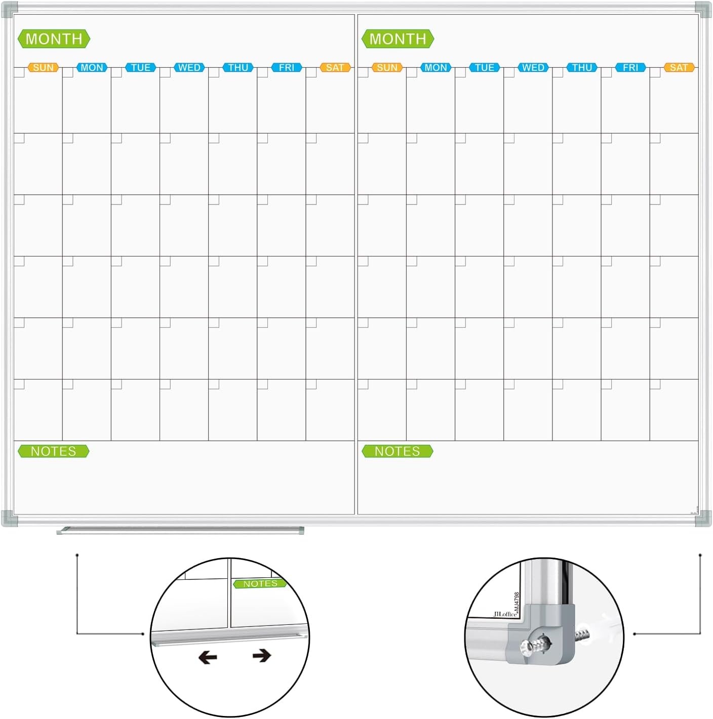 image:imageJILoffice Magnetic Dry Erase Calendar Whiteboard 2 Month White Board Planner 36 X 24 Inch Silver Aluminum Frame Wall Mounted Board for Office Home and SchoolSilver
