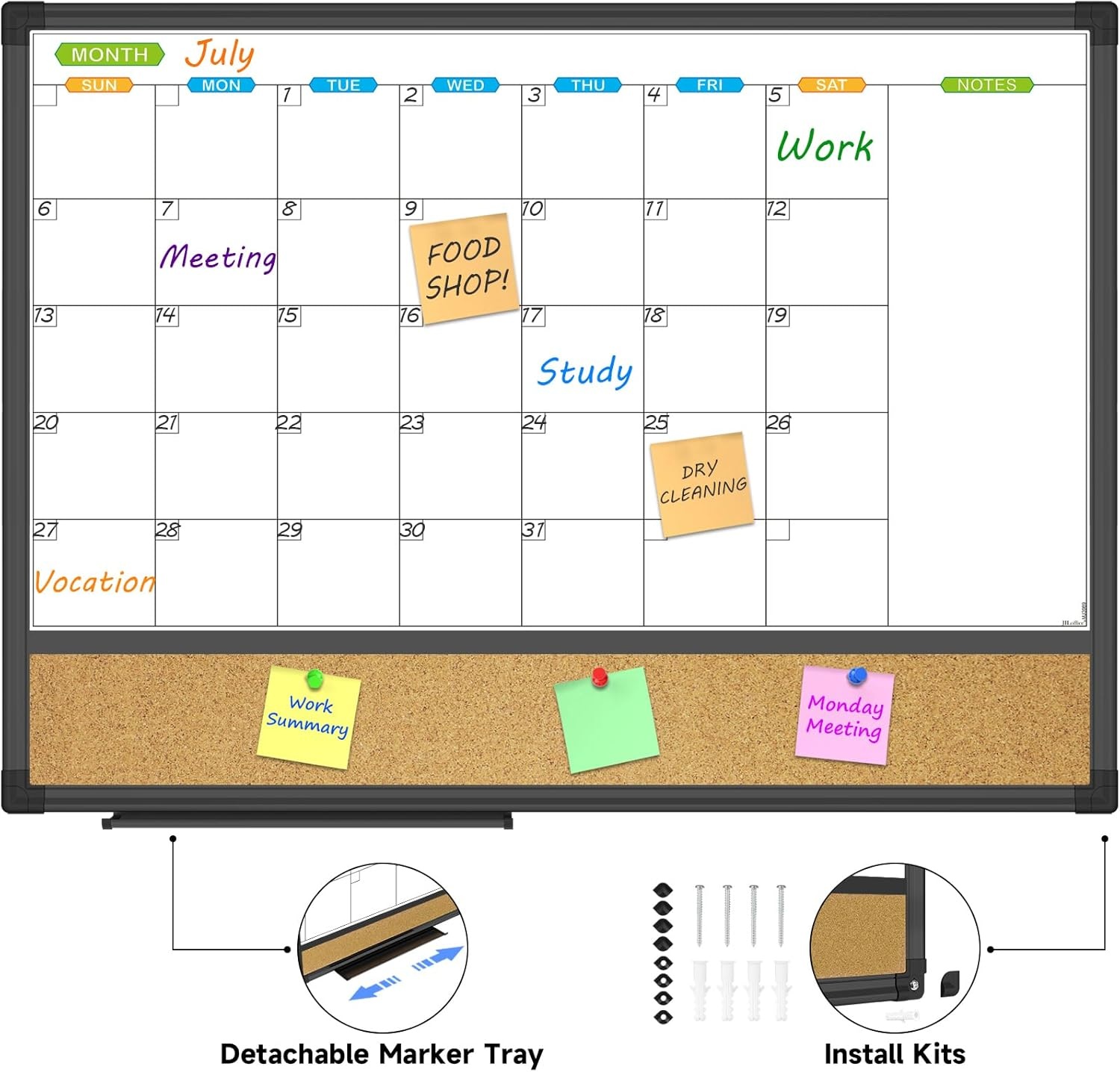 image:imageJILoffice Magnetic Foldable Dry Erase Calendar Whiteboard Combo 2 Month Calendar Board amp White Board 60 X 40 Inch Black Aluminum Frame Wall Mounted Board for Office Home and School18W x 24H
