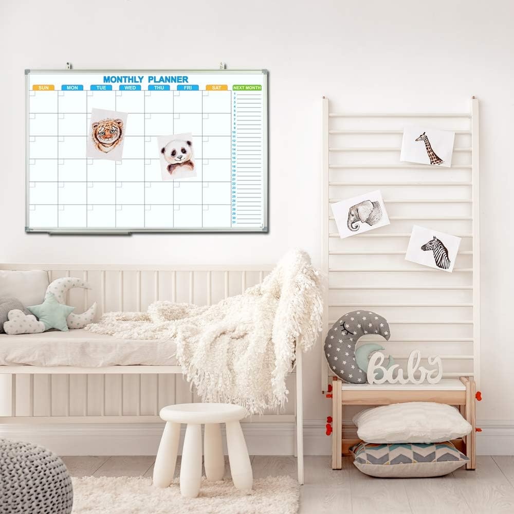 image:imageJILoffice Magnetic White Board 36 x 24 Inch Double Sided Hanging Dry Erase WhiteboardCalendar Board Silver Aluminum Frame with Two Hooks Wall Mounted Board for Office Home and School