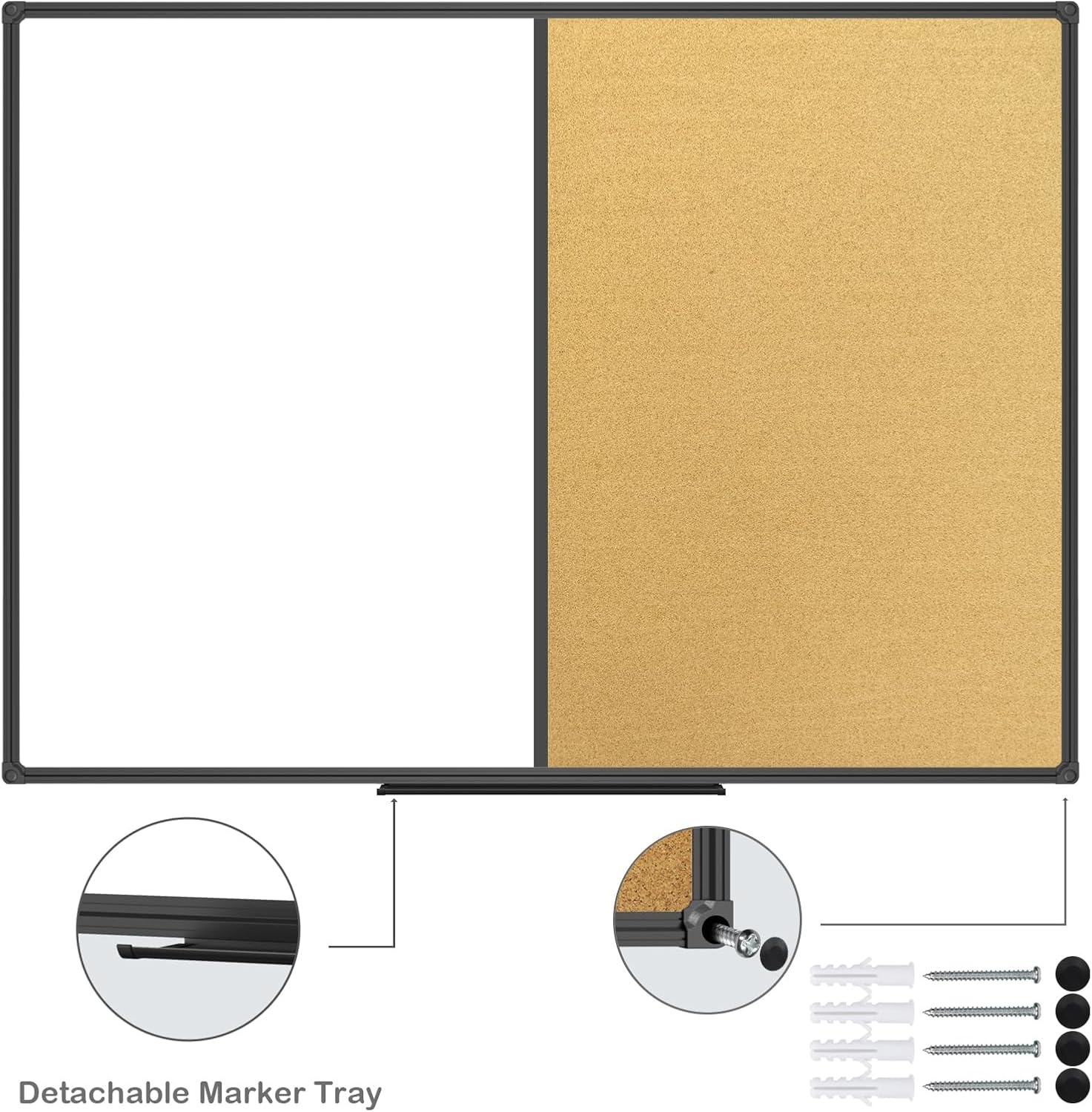 image:imageJILoffice White Board amp Bulletin Corkboard Combination Combo Board 48 x 36 Magnetic Whiteboard Black Aluminum Frame Wall Mounted Board for Office Home and School with 10 Push Pins48x36Black