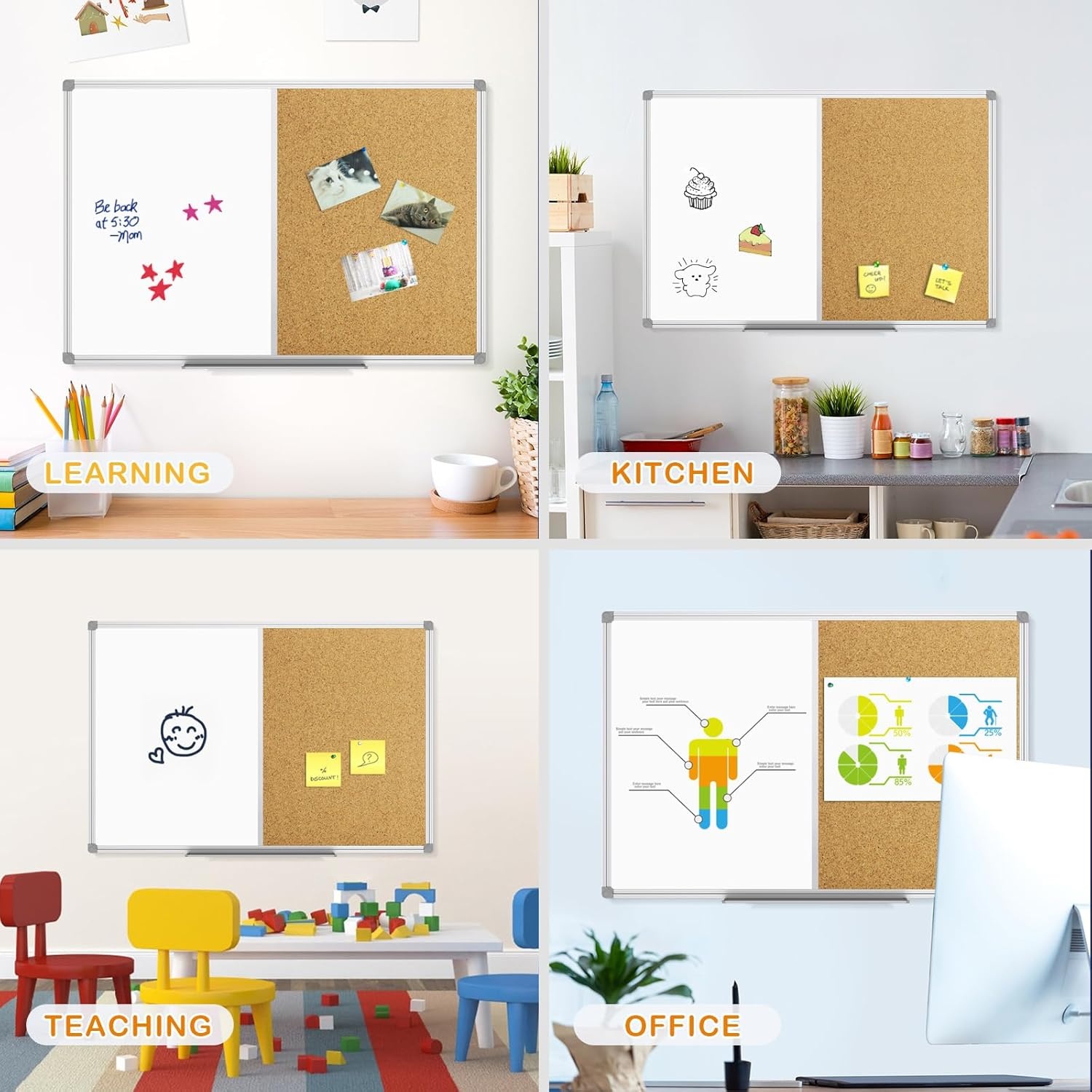 image:imageJILoffice White Board amp Bulletin Corkboard Combination Combo Board 48 x 36 Magnetic Whiteboard Black Aluminum Frame Wall Mounted Board for Office Home and School with 10 Push Pins36x24Silver