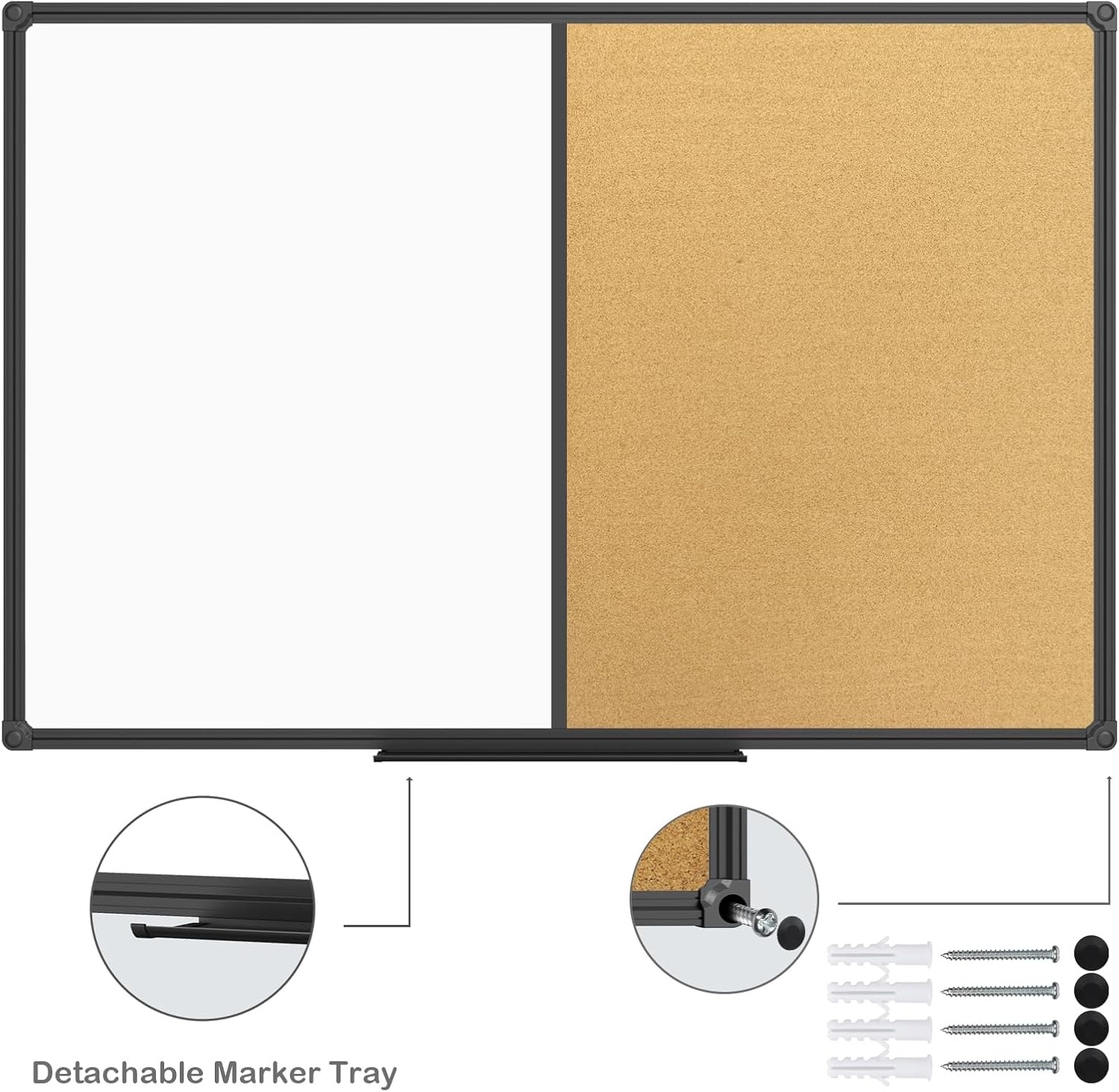 image:imageJILoffice White Board amp Bulletin Corkboard Combination Combo Board 48 x 36 Magnetic Whiteboard Black Aluminum Frame Wall Mounted Board for Office Home and School with 10 Push Pins36x24Black