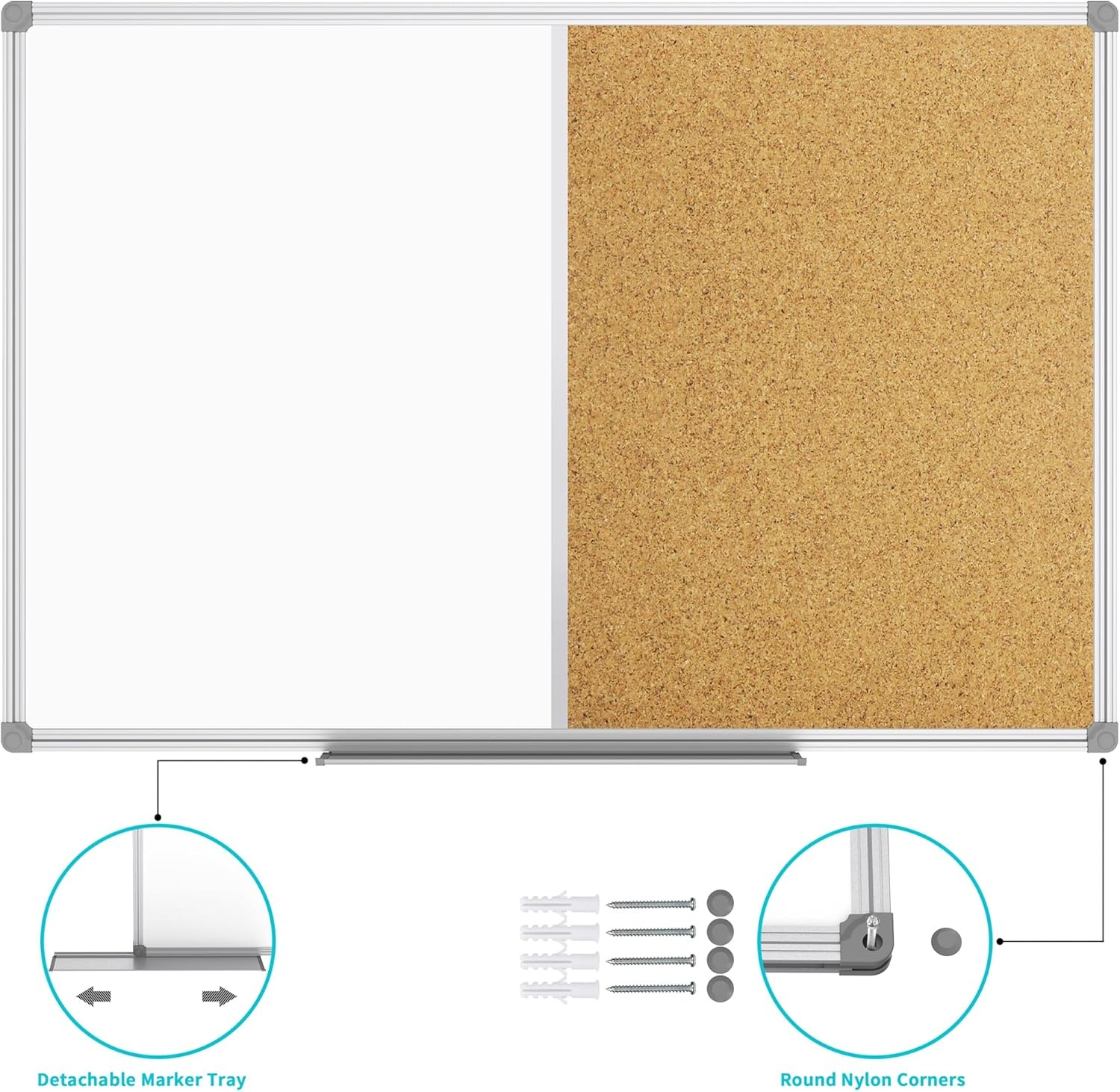 image:imageJILoffice White Board amp Bulletin Corkboard Combination Combo Board 48 x 36 Magnetic Whiteboard Black Aluminum Frame Wall Mounted Board for Office Home and School with 10 Push Pins36x24Silver
