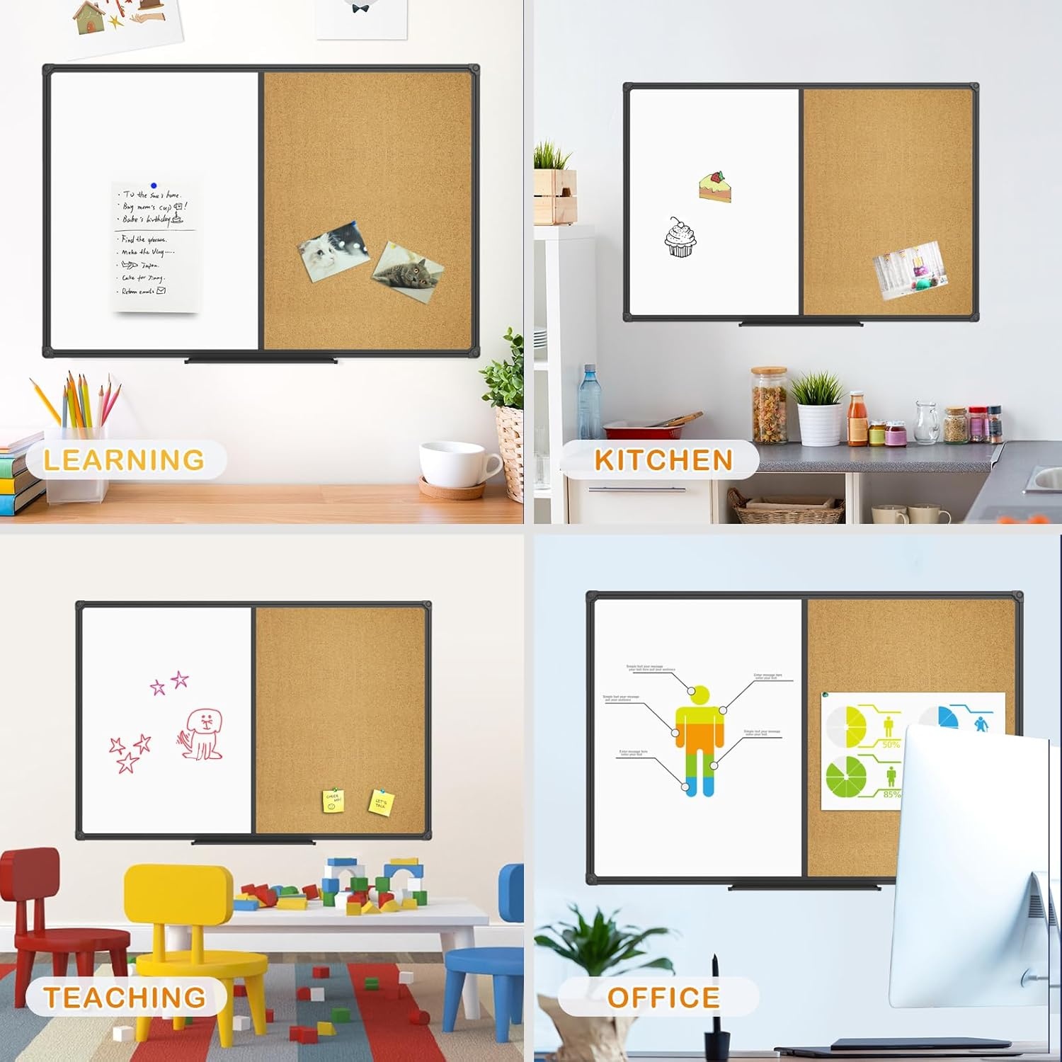 image:imageJILoffice White Board amp Bulletin Corkboard Combination Combo Board 48 x 36 Magnetic Whiteboard Black Aluminum Frame Wall Mounted Board for Office Home and School with 10 Push Pins48x36Black