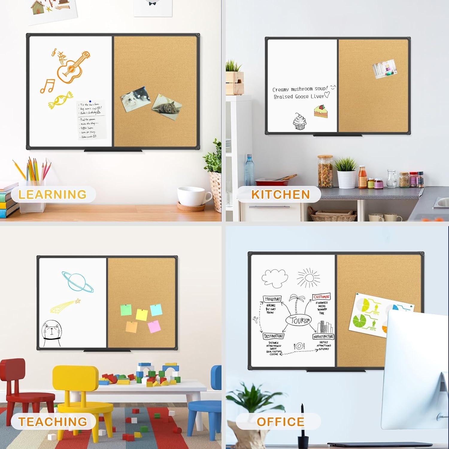 image:imageJILoffice White Board amp Bulletin Corkboard Combination Combo Board 48 x 36 Magnetic Whiteboard Black Aluminum Frame Wall Mounted Board for Office Home and School with 10 Push Pins36x24Black